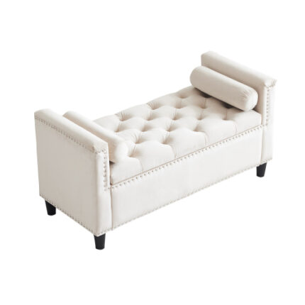 44.5-Inch Velvet Storage Bench with Button Tufting & Nailhead Trim - Queen-Size Upholstered Bench for Bedroom, Entryway & Living Room, Cream