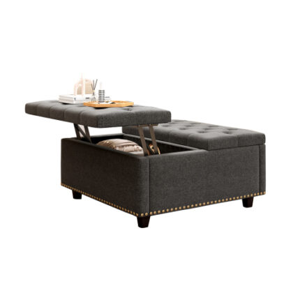 Massive Square Storage Bench with Two Doors - Mid-Century Modern Coffee Table & Footstool, Dark Grey Faux Leather, Nailhead Inlay Design for Living Room