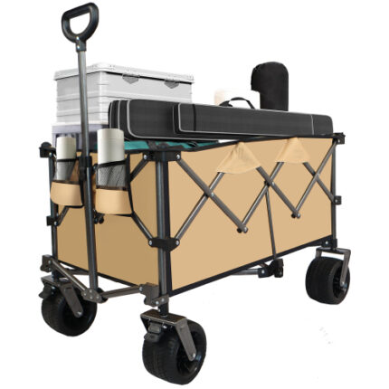 360lb Heavy-Duty Foldable Utility Wagon: All-Terrain Quiet Wheels, Adjustable Handle & Cup Holders - Ideal for Camping, Gardening, Picnics, Sports & Shopping, Grayish-Brown
