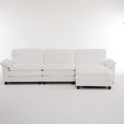 2/3/4 Seater Modular Sectional Sofa with Movable Ottoman - Beige L-Shaped Corduroy Fabric Couch, High Supportive Sponges, Removable Ottoman & Sleeper Function (Convertible & Space-Saving)