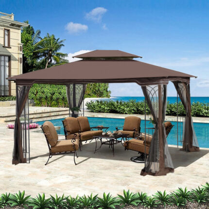 Brown 13' x 10' Outdoor Patio Gazebo Canopy Tent: Ventilated Double Roof & All-Round Detachable Bug Netting, Great for Lawn, Garden, Backyard & Deck