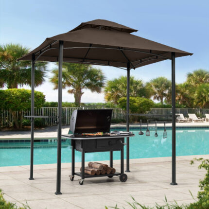 Brown 8x5 Ft Grill Shelter Tent | Double-Layer Canopy, Heavy-Duty Steel Frame | Hook & Bar Counter Design | Ideal for Patio Barbecues & Outdoor Entertaining