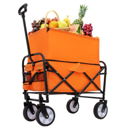 Minimeetall Orange Heavy-Duty Collapsible Wagon Cart - 225lbs Capacity, Strapping System, All-Purpose for Beach, Camping & Shopping