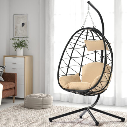 Indoor/Outdoor Wicker Egg Chair with Stand - Hanging Swing Basket Chair for Bedroom, Living Room, Balcony & Patio (Weather-Resistant Design)