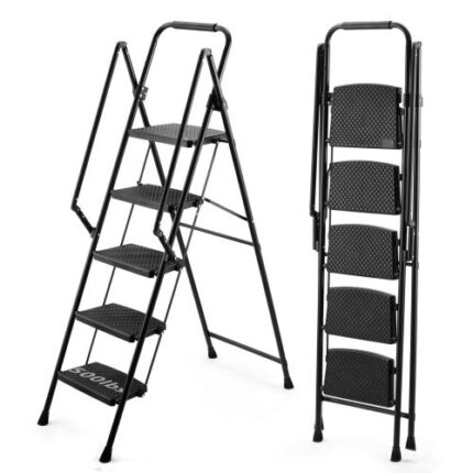 5-Step Folding Steel Ladder Stool – Lightweight 300 lb Capacity, Anti-Slip Wide Pedals & Safety Handle, Portable Black Step Stool