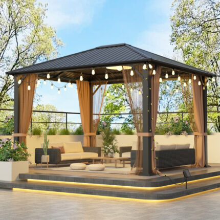 10x12 Hardtop Metal Pergola Gazebo – Heavy Duty Structure with Mosquito Nets, Galvanized Steel Canopy for Sturdy Outdoor Entertainment in Gardens & Patios