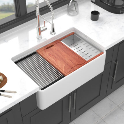 33"x20" White Ceramic Farmhouse Sink with Workstation - Single Bowl Kitchen Sink for Country-Style Homes