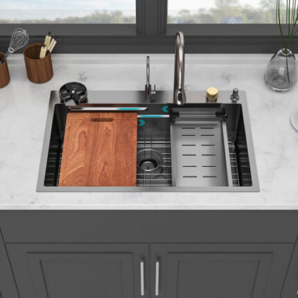 33"x22" Single Bowl Gunmetal Black Stainless Steel Kitchen Sink - 16 Gauge Waterfall Edge Workstation with Pull-Out Faucet & Cup Washer