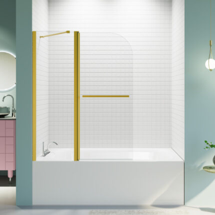 Frameless Folding Shower Door for Bathtub, 43" W x 58" H, 1/4" (6mm) SGCC Tempered Glass, Brushed Gold Finish, Pivot Design, Modern Bathroom Tub Enclosure